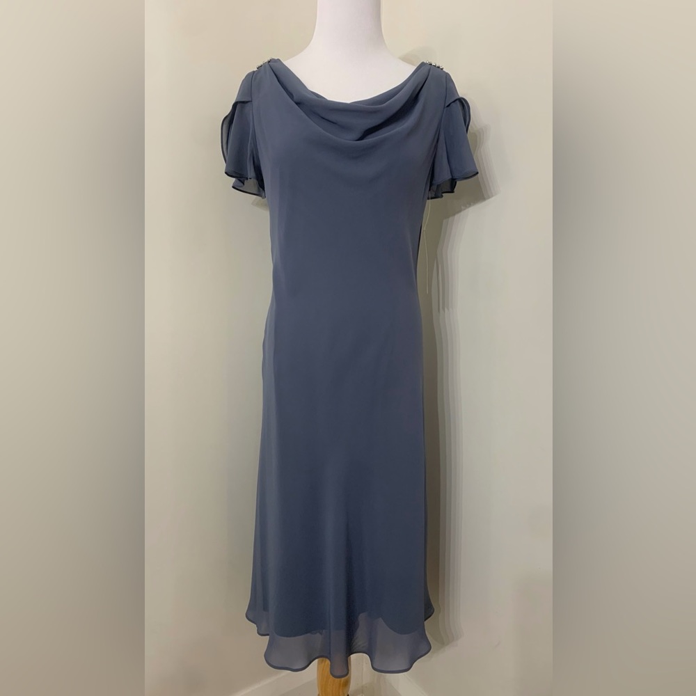 New SL Fashions Draped Chiffon Dress Grey Sz 8